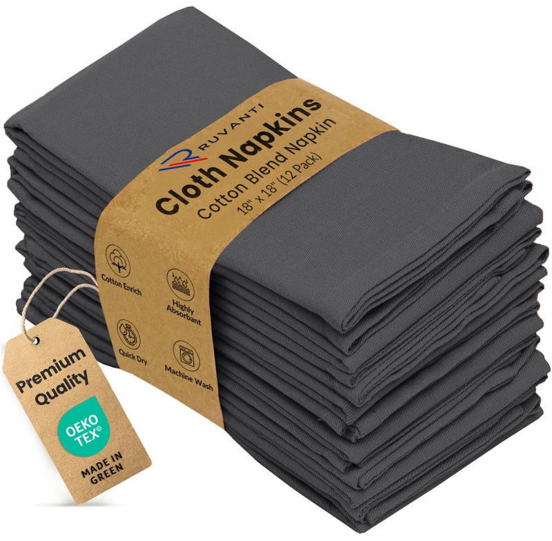 Ruvanti Cloth Napkins Set of 12, 18x18 Inches Napkins Cloth Washable, Soft, Durable, Absorbent, Cotton Blend. Table Dinner Napkins Cloth for Hotel, Lunch, Restaurant, Weddings, Parties - Dark Grey - Image 1